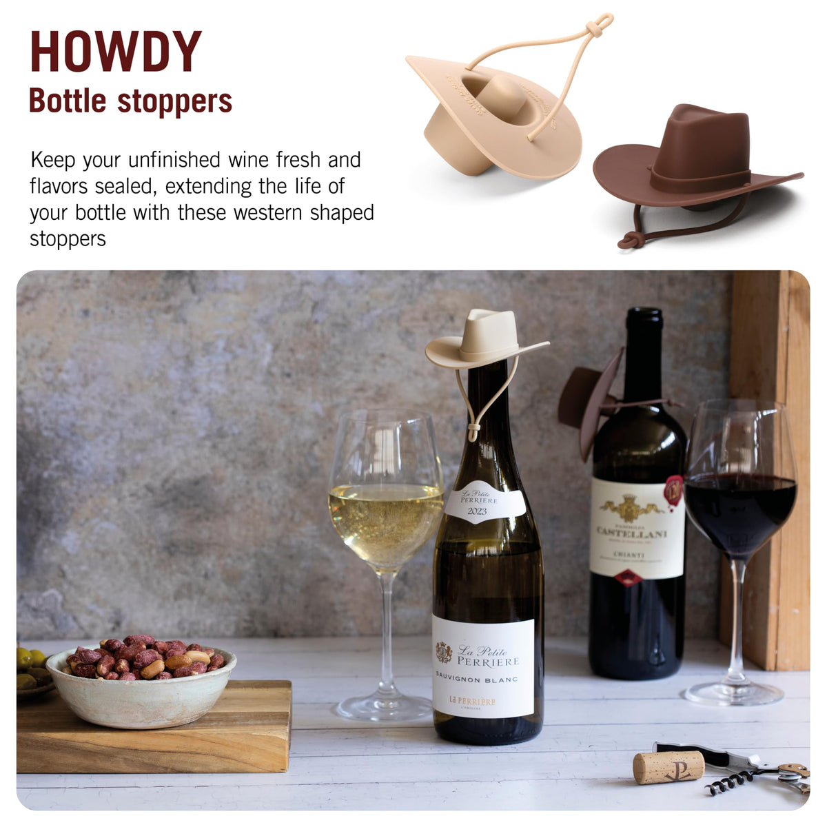 Monkey Business Howdy cowboy hat wine stopper pack adds playful flair to gatherings.