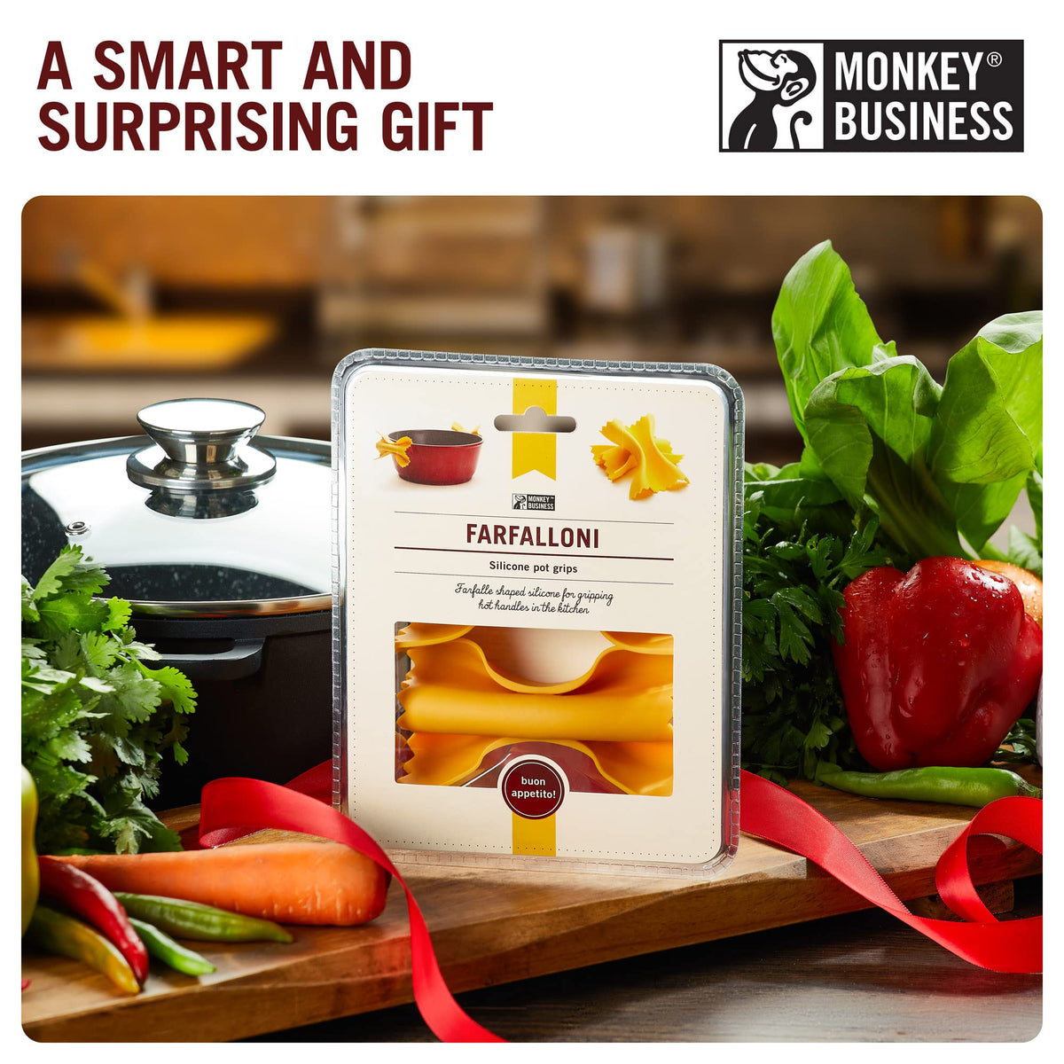 Monkey Business pasta-inspired kitchen gadget, adds playful style while handling hot cookware.