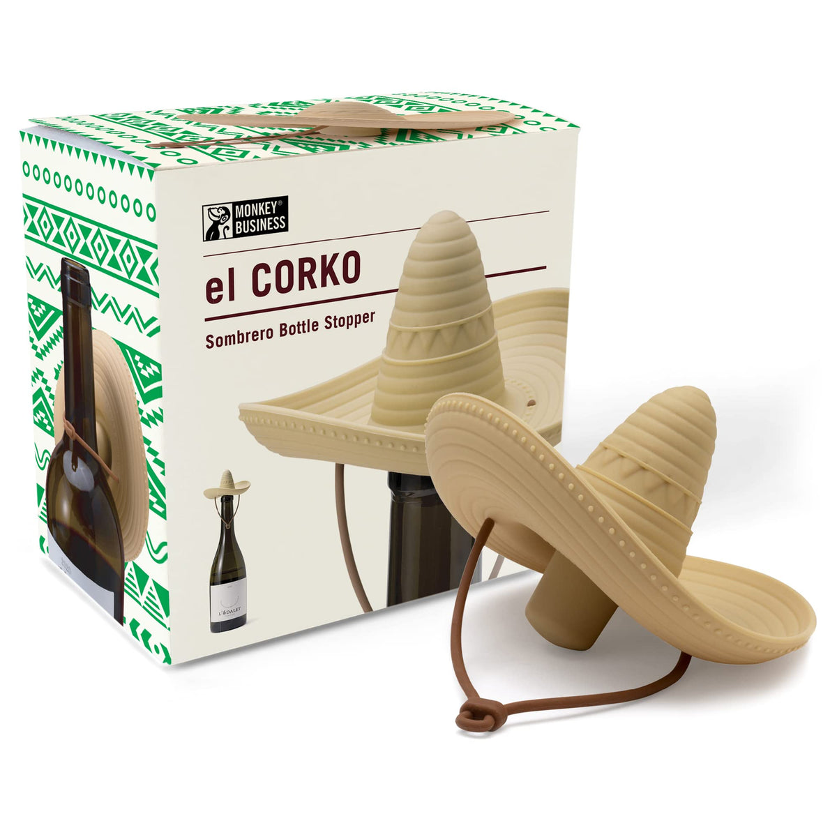 Monkey Business sombrero-shaped wine stopper seals bottle to keep wine fresh