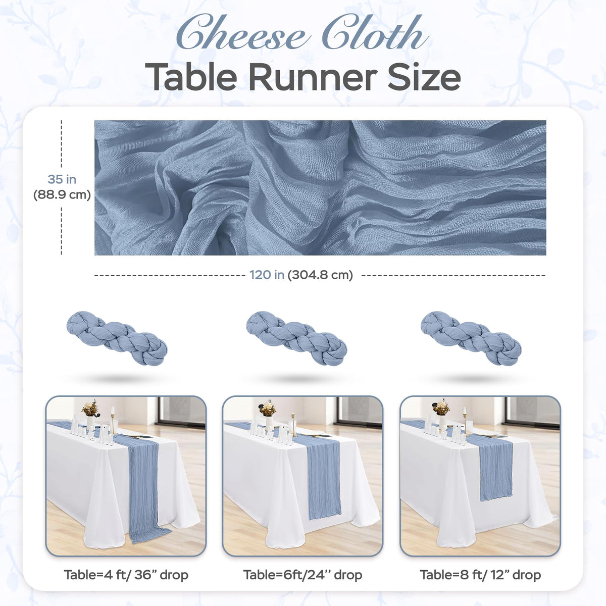 MONKRO dusty-blue gauze table runner close-up shows soft texture and boho charm.