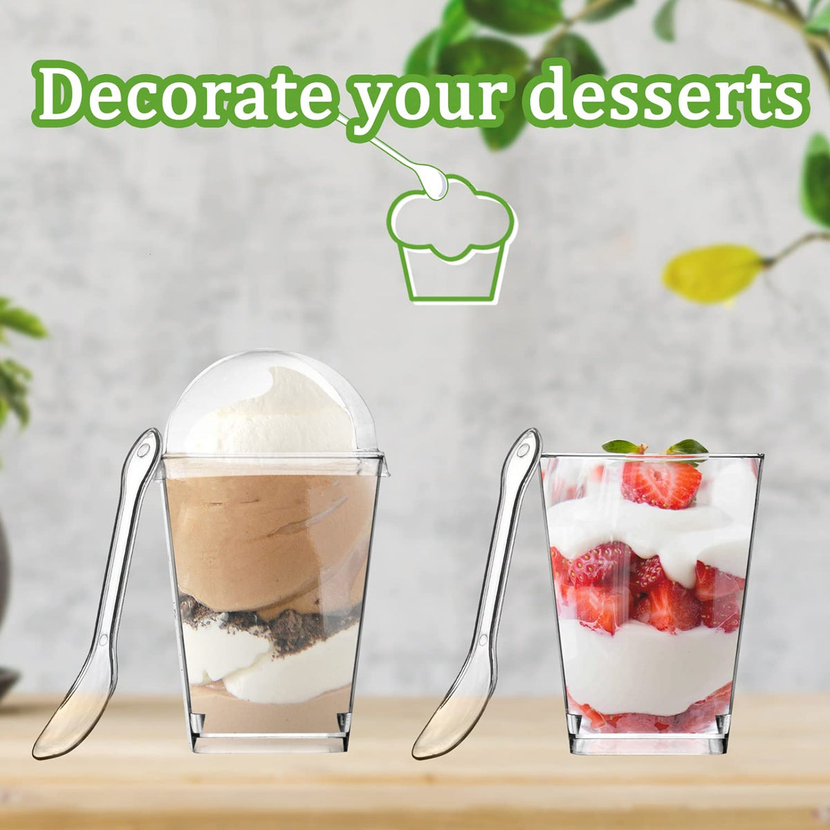 Clear Monrocco parfait cups showing layered desserts