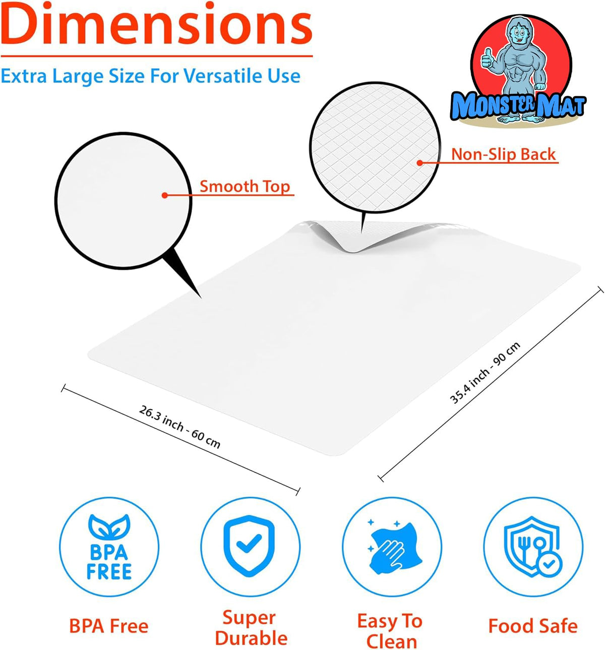 MonsterMat dishwasher-safe cutting board surface for easy cleanup after prep and slicing.