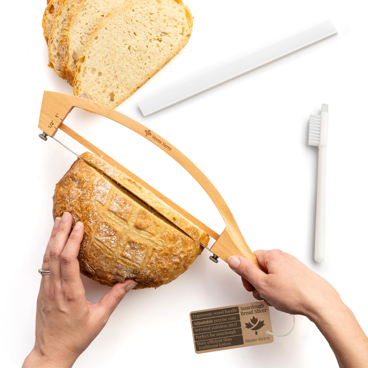 MonteHerra adjustable bread knife shown in open view for easy slicing
