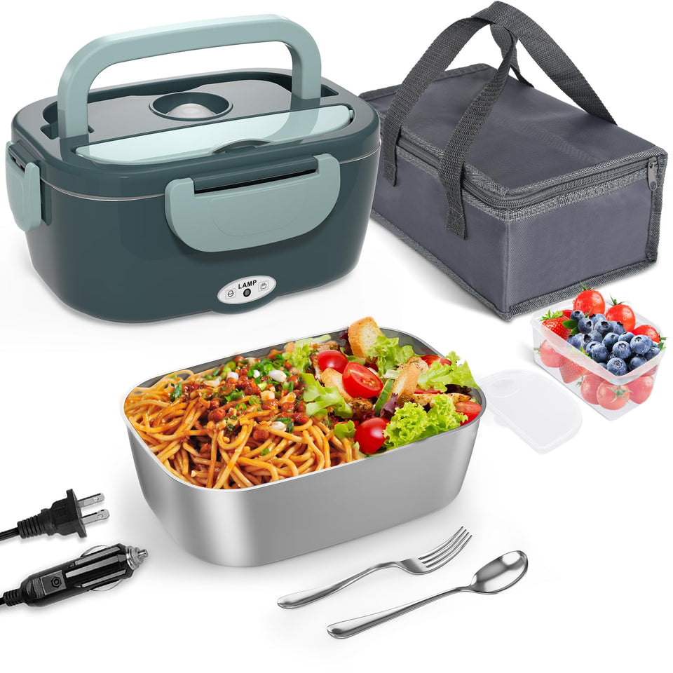 Monteka electric lunch box with open lid and utensil storage