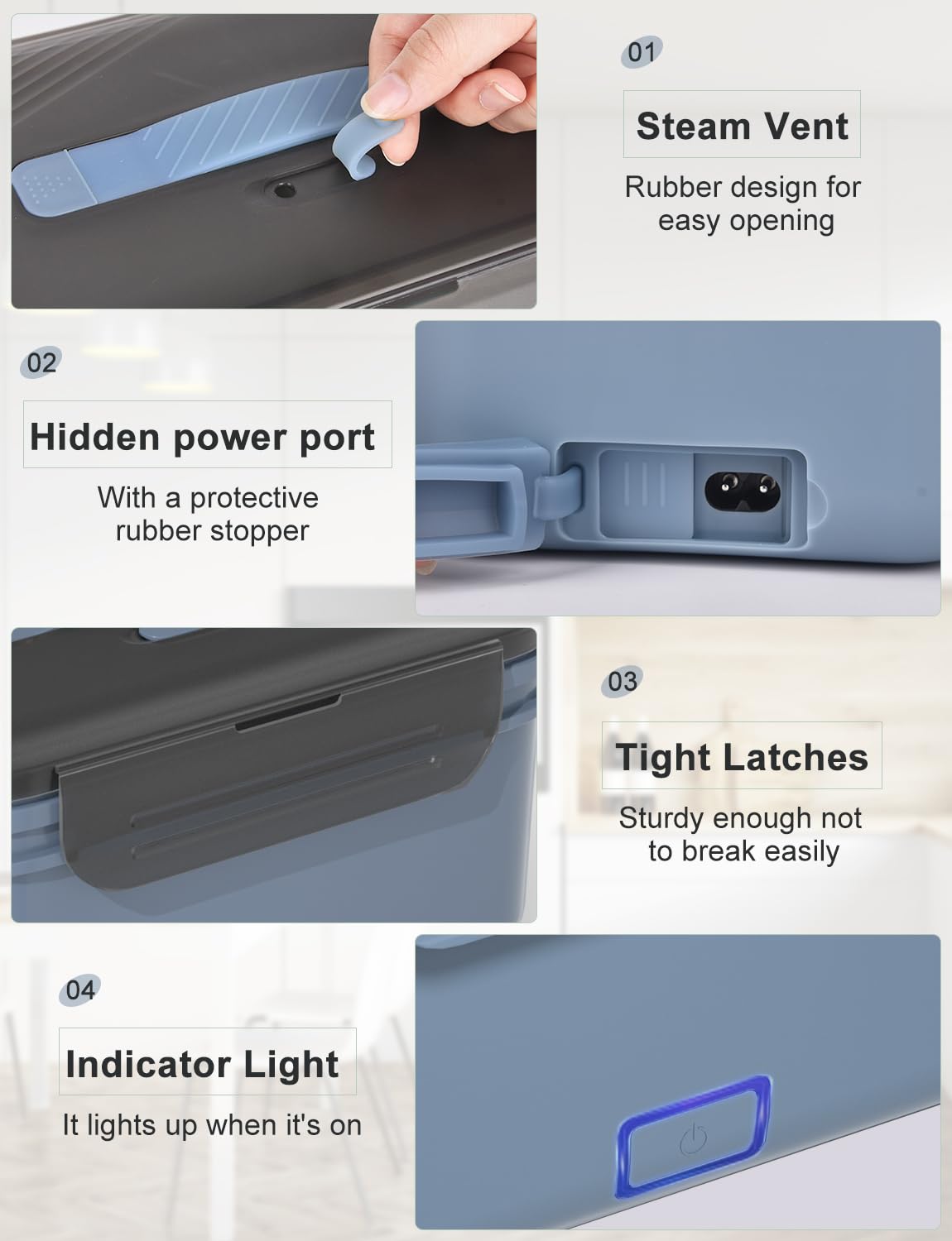 Monteka lunch box leak-proof latches prevent spills during transit.