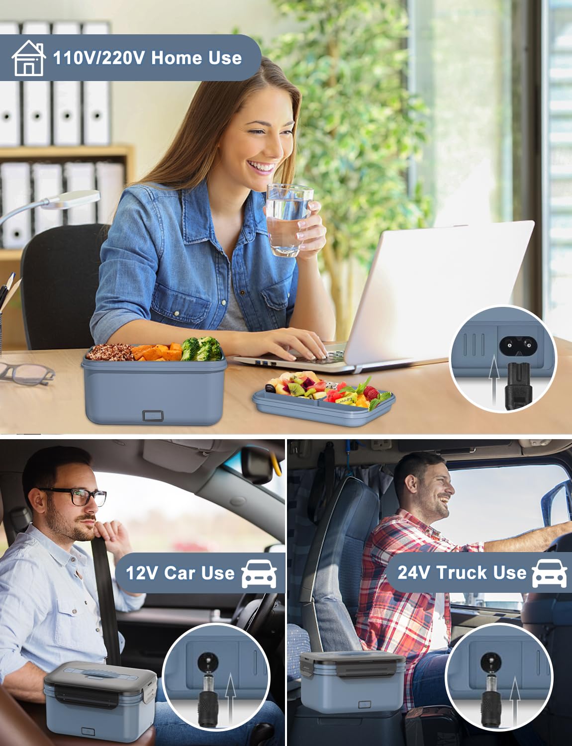 Monteka lunch box in use at car and office settings for hot meals.