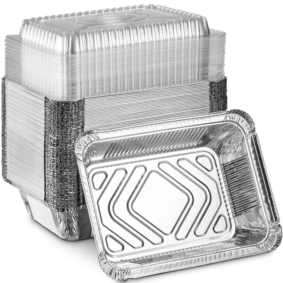 MontoPack disposable takeout pan with clear lid, 8x5.5-inch size, ideal for spill-free meals