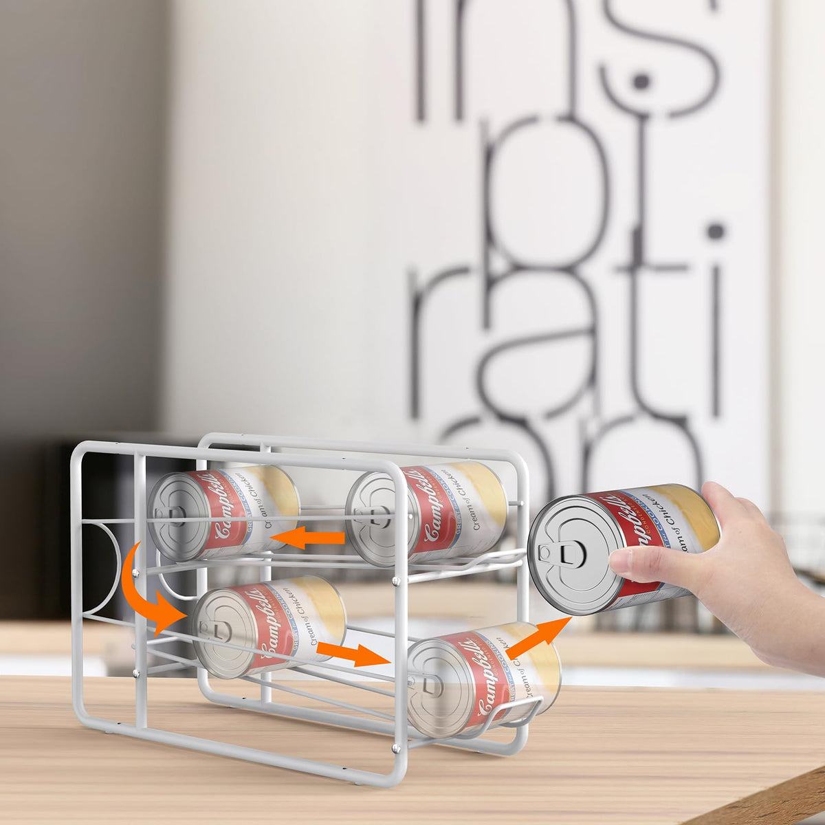 MOOACE sliding can rack demonstrates auto-scroll for quick can retrieval.