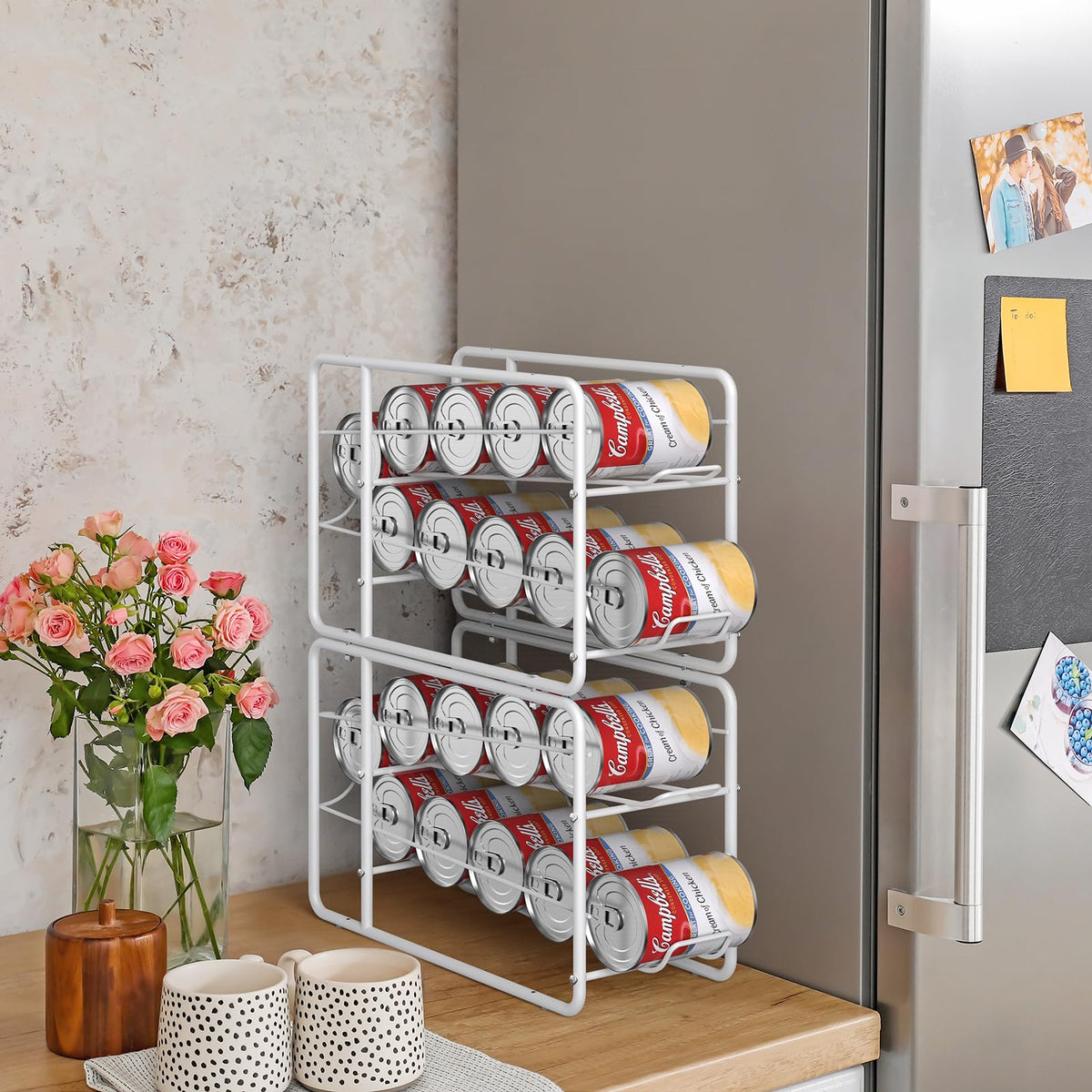 MOOACE stackable can storage rack showcases compact design for multi-unit kitchens.