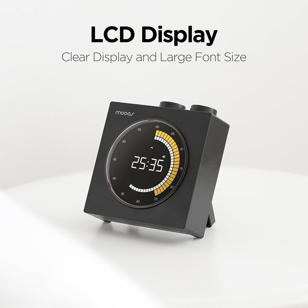 mooas Time Loop large LCD display offers clear visibility in any lighting.