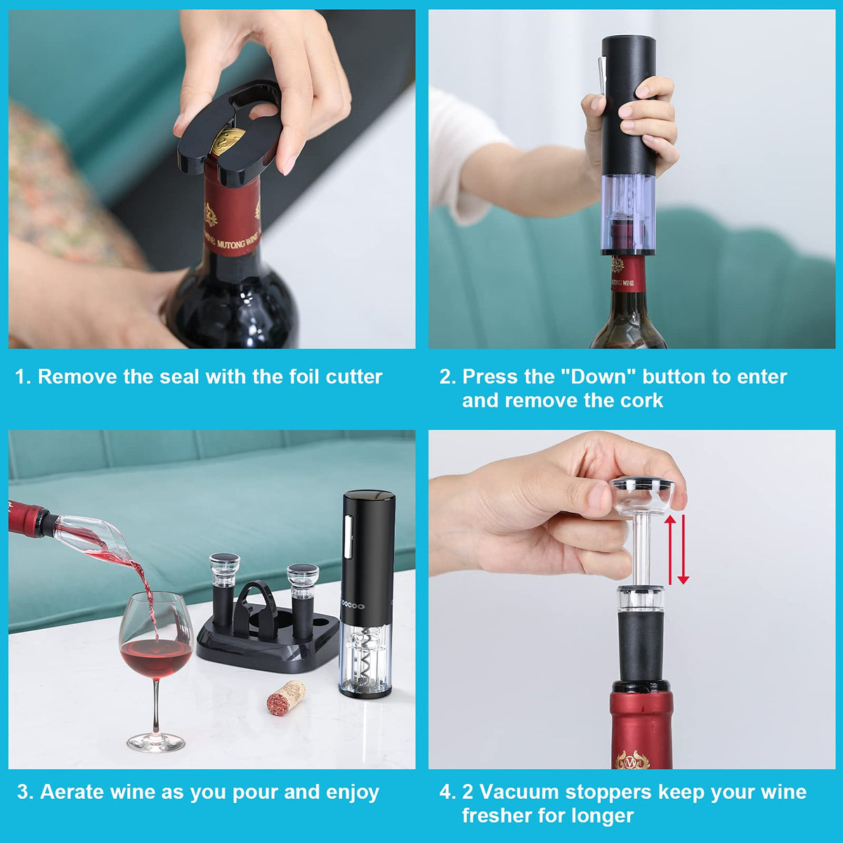 Moocoo display LED charging station keeps opener charged and accessible.