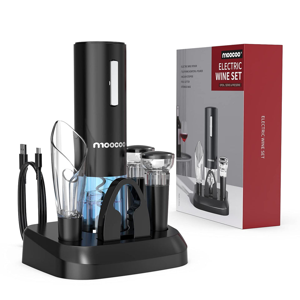 Moocoo electric wine opener with charging base ready to uncork bottles quickly.
