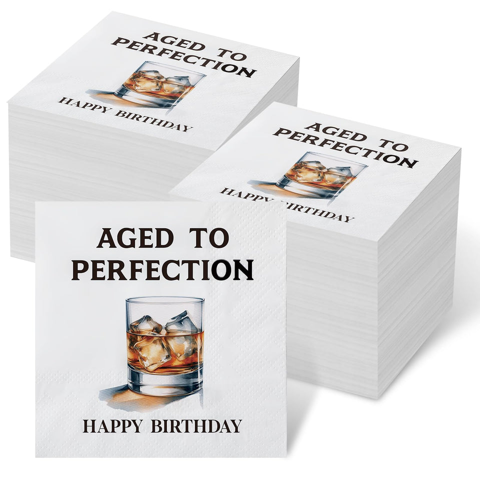 Mooliwe aged to perfection birthday napkins with bourbon glass design for celebrations.