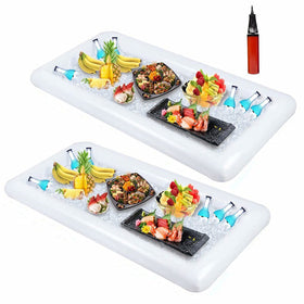 Moon Boat 2-pack inflatable serving bars set up beside pool to keep drinks cool