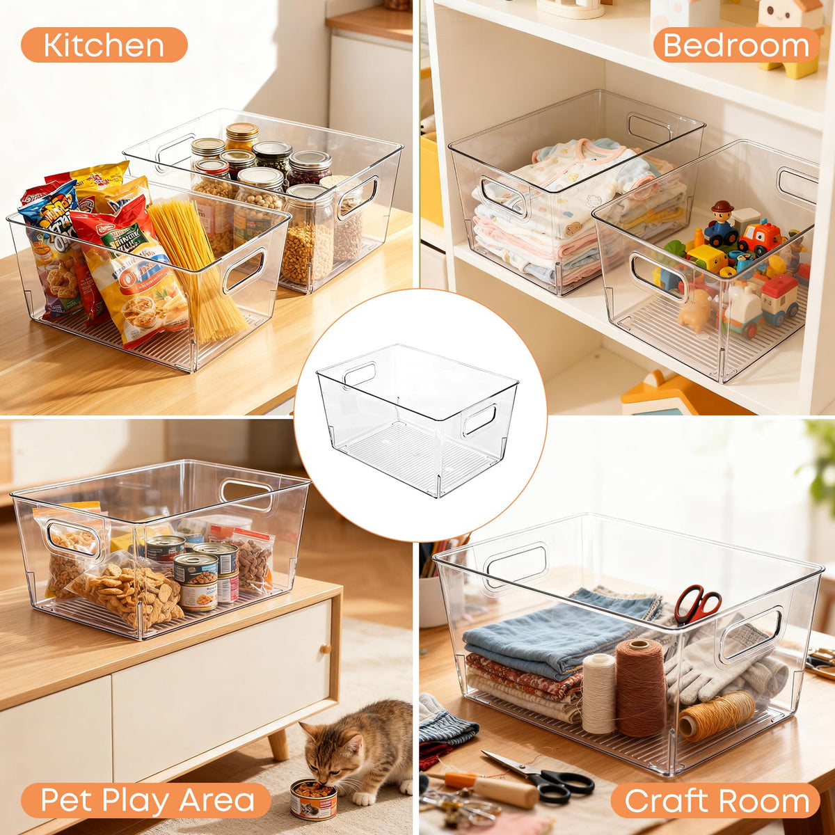 Moonedge clear storage bins on pantry shelf showing contents for quick pantry organization.