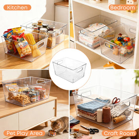 Moonedge clear storage bins on pantry shelf showing contents for quick pantry organization.