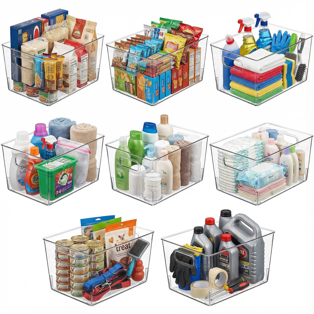 Moonedge 8-pack clear storage bins arranged under-sink for easy cleaning supply access.