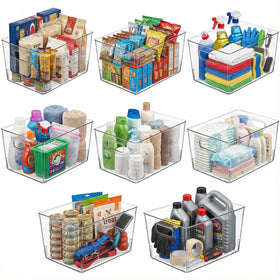 Moonedge 8-pack clear storage bins arranged under-sink for easy cleaning supply access.