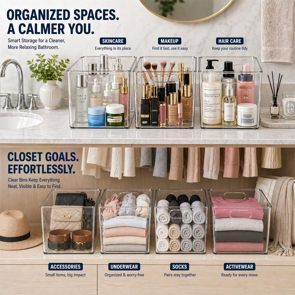 MOONEDGE bathroom cabinet clear bin keeps toiletries neatly arranged and visible.