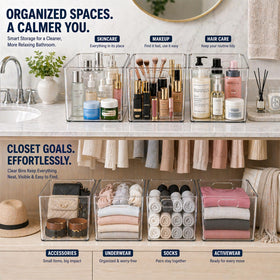 MOONEDGE bathroom cabinet clear bin keeps toiletries neatly arranged and visible.