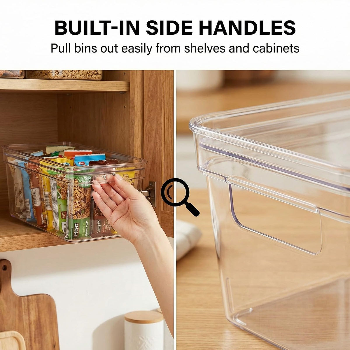 Moonedge clear bin on a deep shelf enabling dust-free storage.