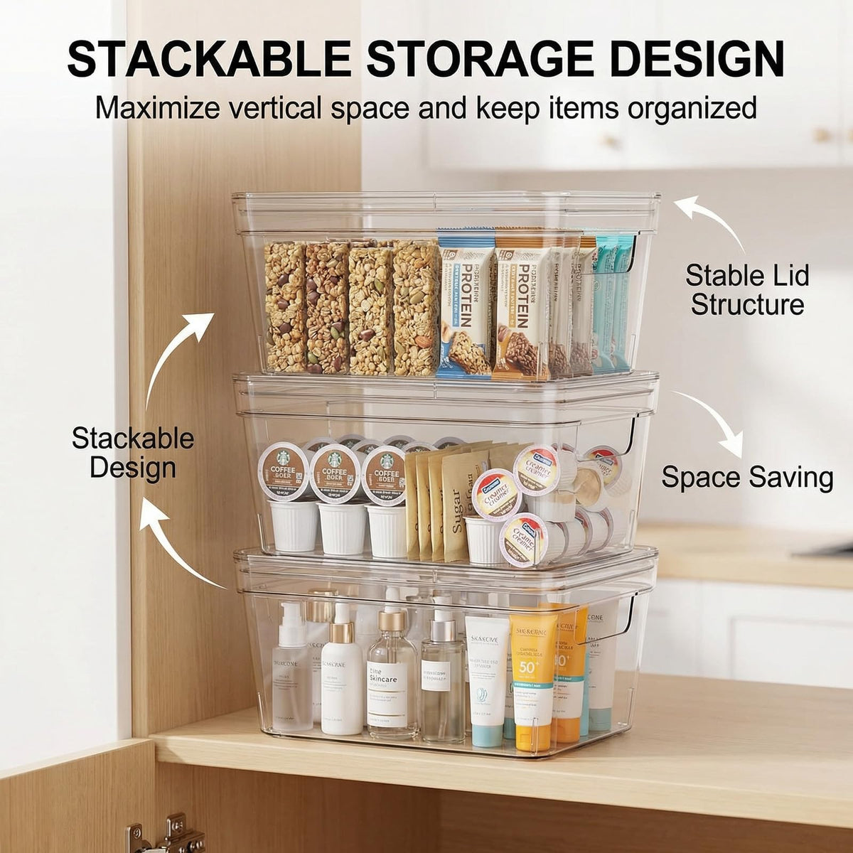 Moonedge clear plastic kitchen bin for snack organization and visibility.