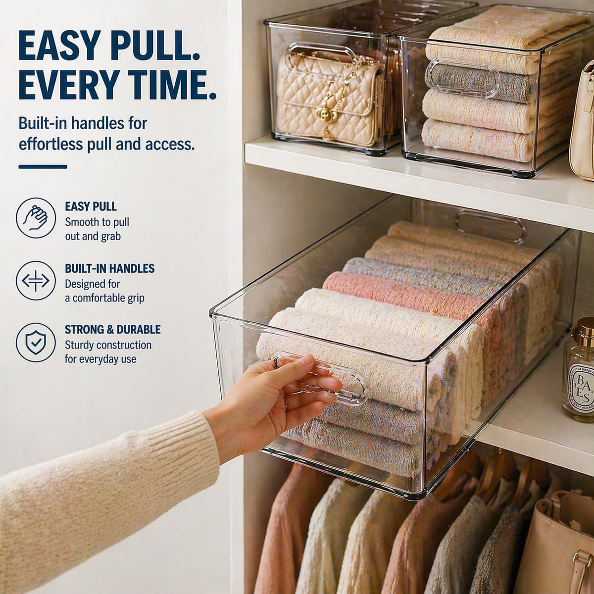 MOONEDGE easy clean clear bin for daily use with mild soap cleaning.