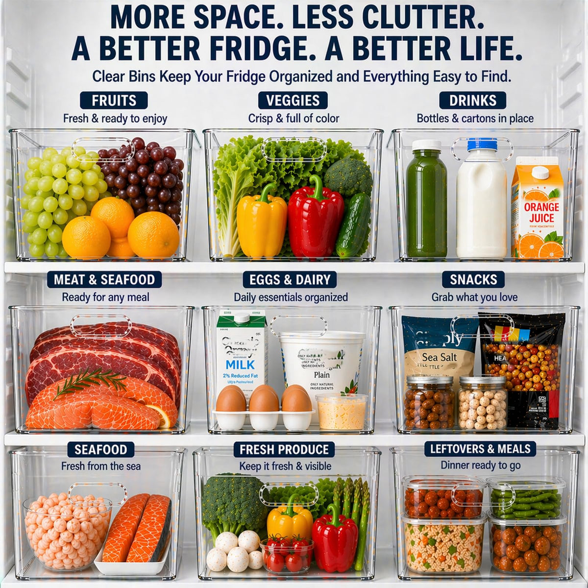 MOONEDGE clear bin stackable design enables easy access and space saving in closets.