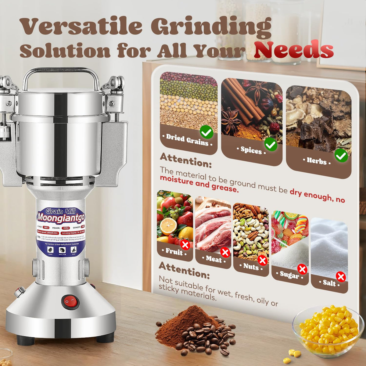 Moongiantgo grain mill grinder close-up showing safety lock for secure operation.