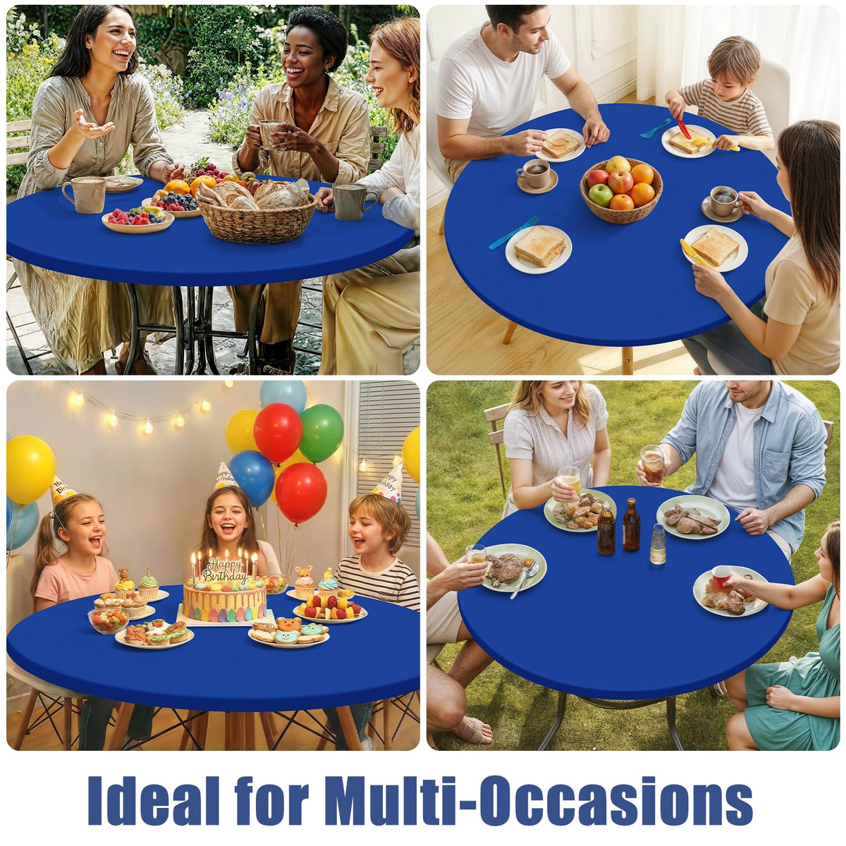 Moosfor blue round tablecloth adds vibrant color to events.
