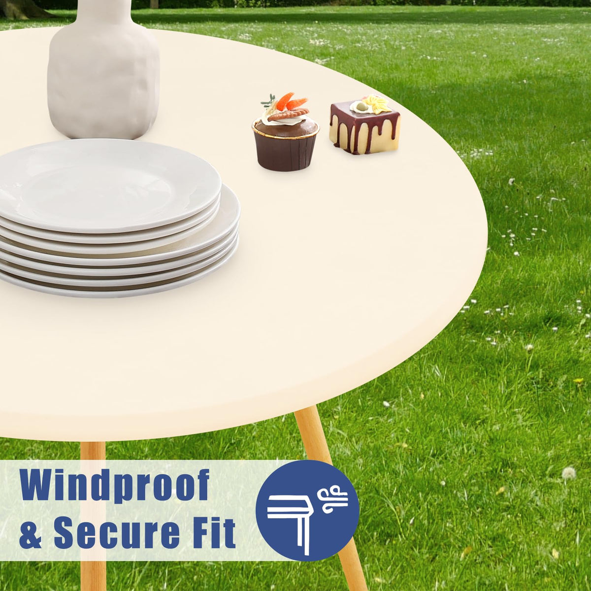 Moosfor round spandex tablecloth in beige, suitable for indoor and outdoor dining