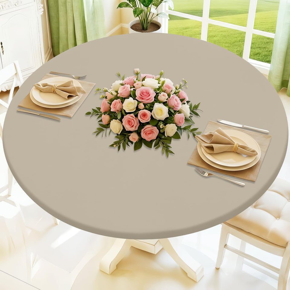 Moosfor round spandex tablecloth with elastic edge for a snug, secure fit.
