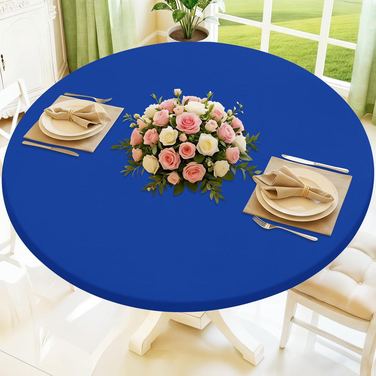 Moosfor round spandex tablecloth with elastic fit provides snug coverage for 45-56 inch tables.