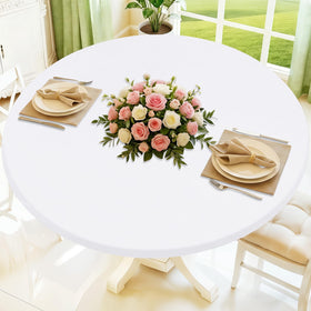 Moosfor round spandex tablecloth with elastic-fit on a 36-44 inch table.