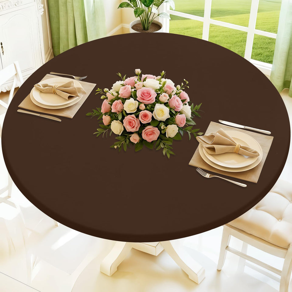 Moosfor Round Spandex Tablecloth with elastic edge fits 36-44 inch tables for a snug setup.