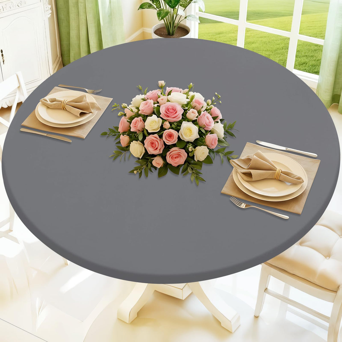 Moosfor round spandex tablecloth with elastic fit for snug 45-56 inch coverage.