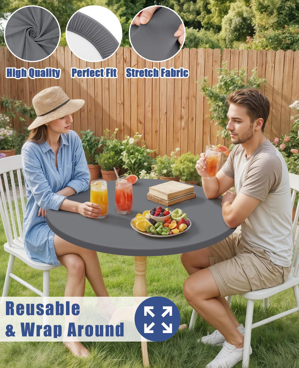 Moosfor round spandex tablecloth suitable for indoor and outdoor use.