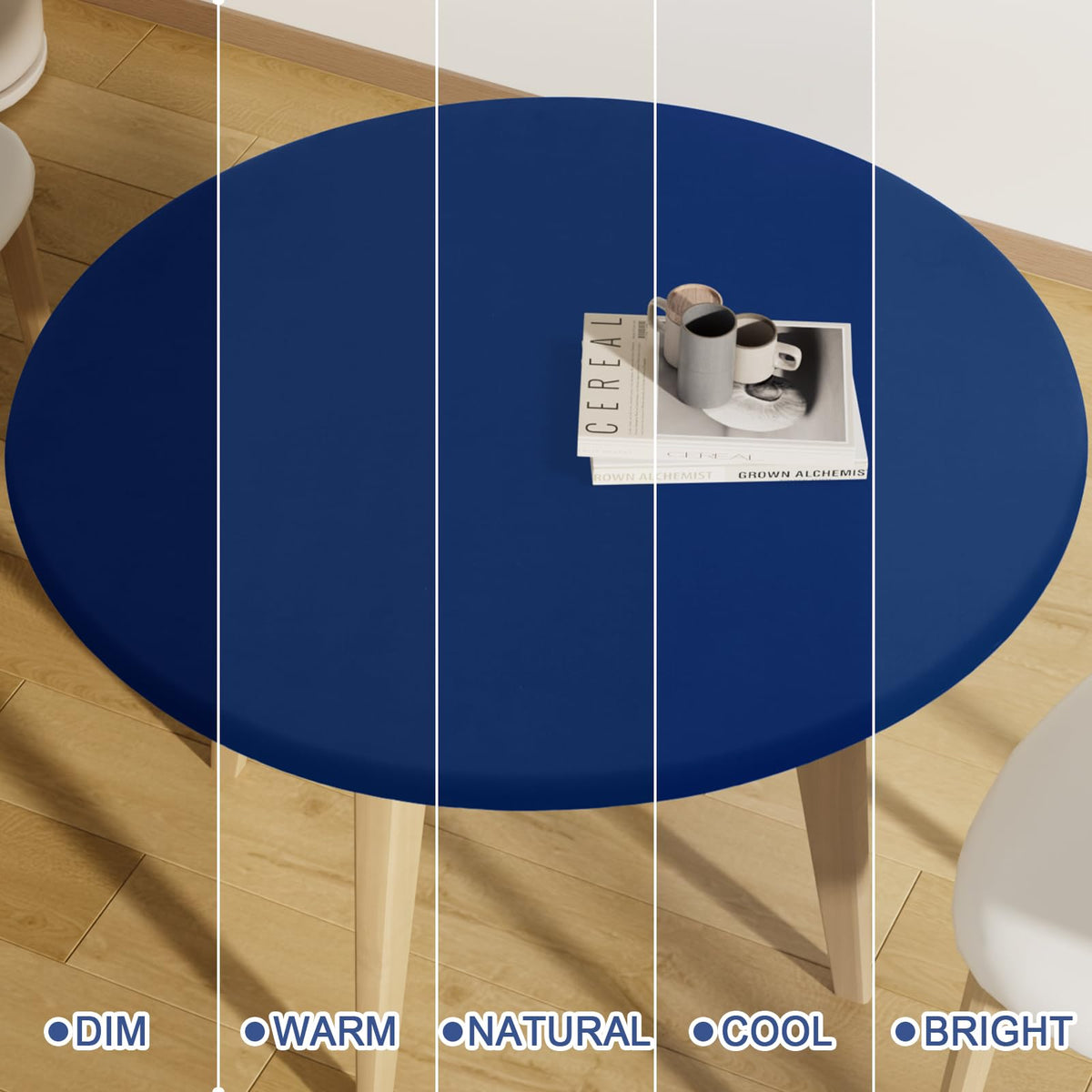 Moosfor navy round tablecloth is machine washable for quick refresh