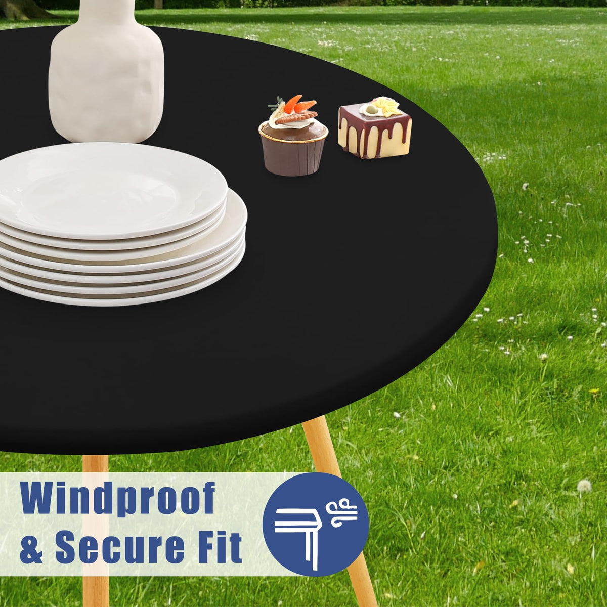Moosfor round spandex tablecloth sturdy stitching highlights durable construction.