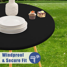 Moosfor round spandex tablecloth sturdy stitching highlights durable construction.