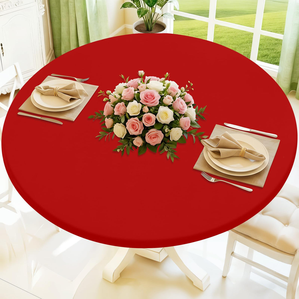 Moosfor round tablecloth on a table for a snug, tidy setup.