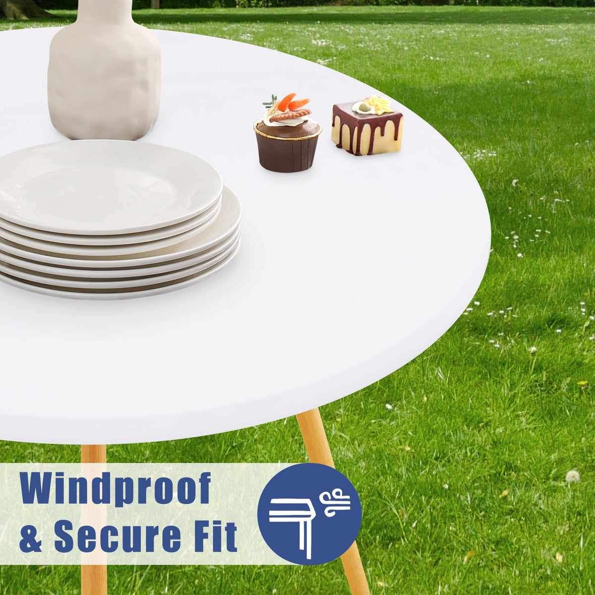 Moosfor round spandex tablecloth is washable and reusable for quick cleanup.