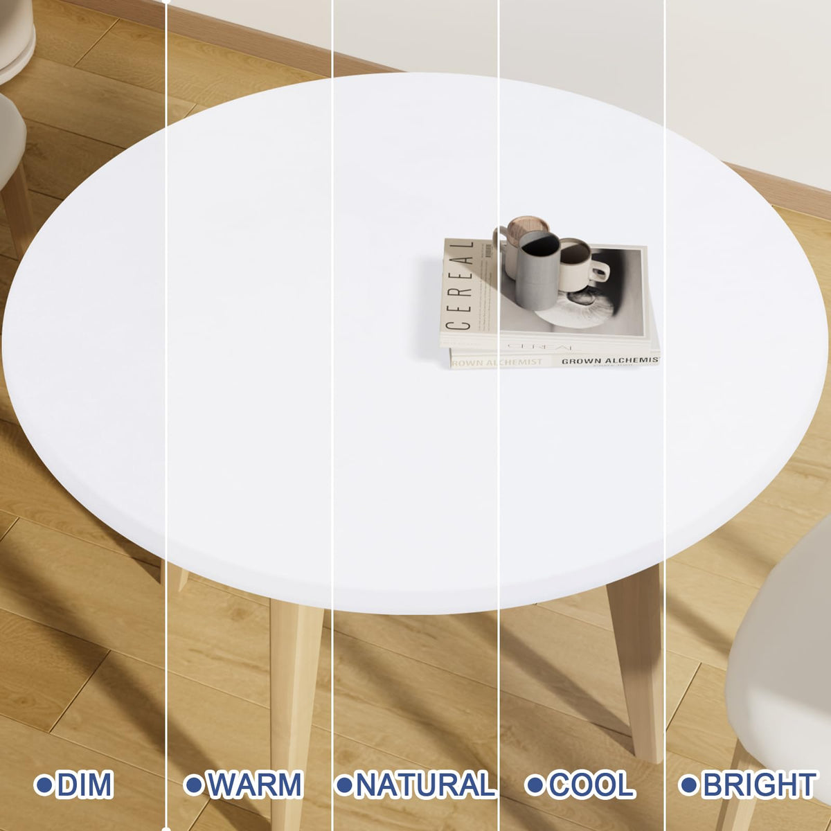 White Moosfor round tablecloth adds a clean, versatile backdrop.