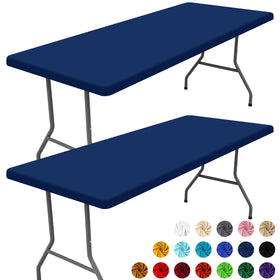 Moosfor spandex 6ft navy table cloth on table for a snug fit.