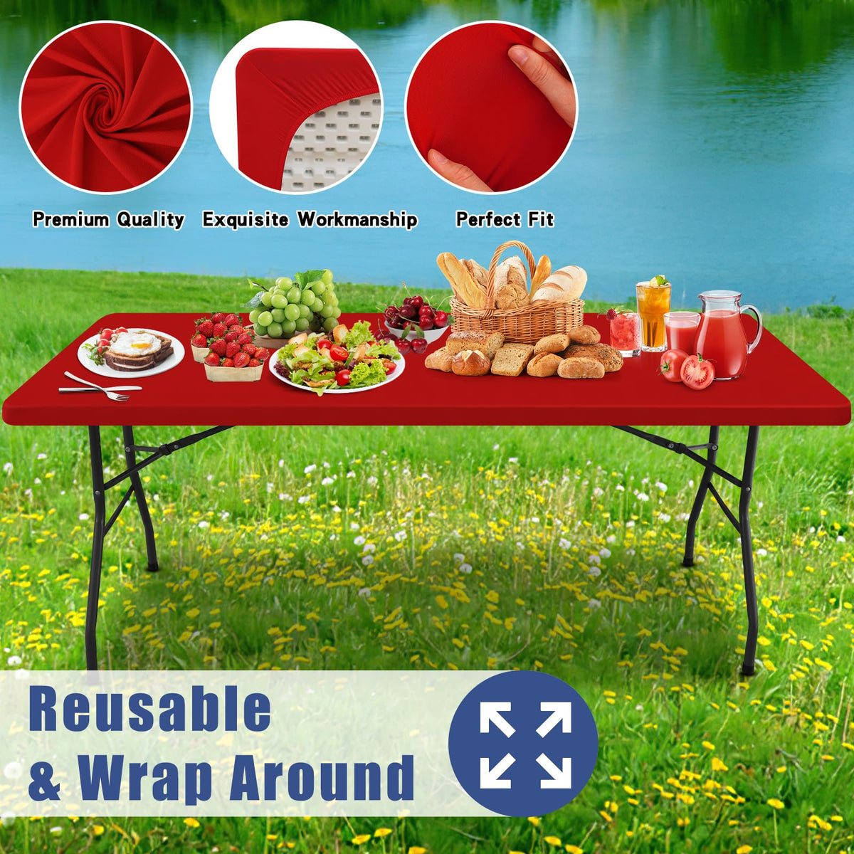 Moosfor red tablecloth in picnic setup for outdoor dining.