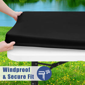 Moosfor spandex tablecloth windproof edge demonstrating stay-put fit.