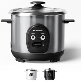 Moosum 3-Cup rice cooker in silver with even heat for fluffy rice