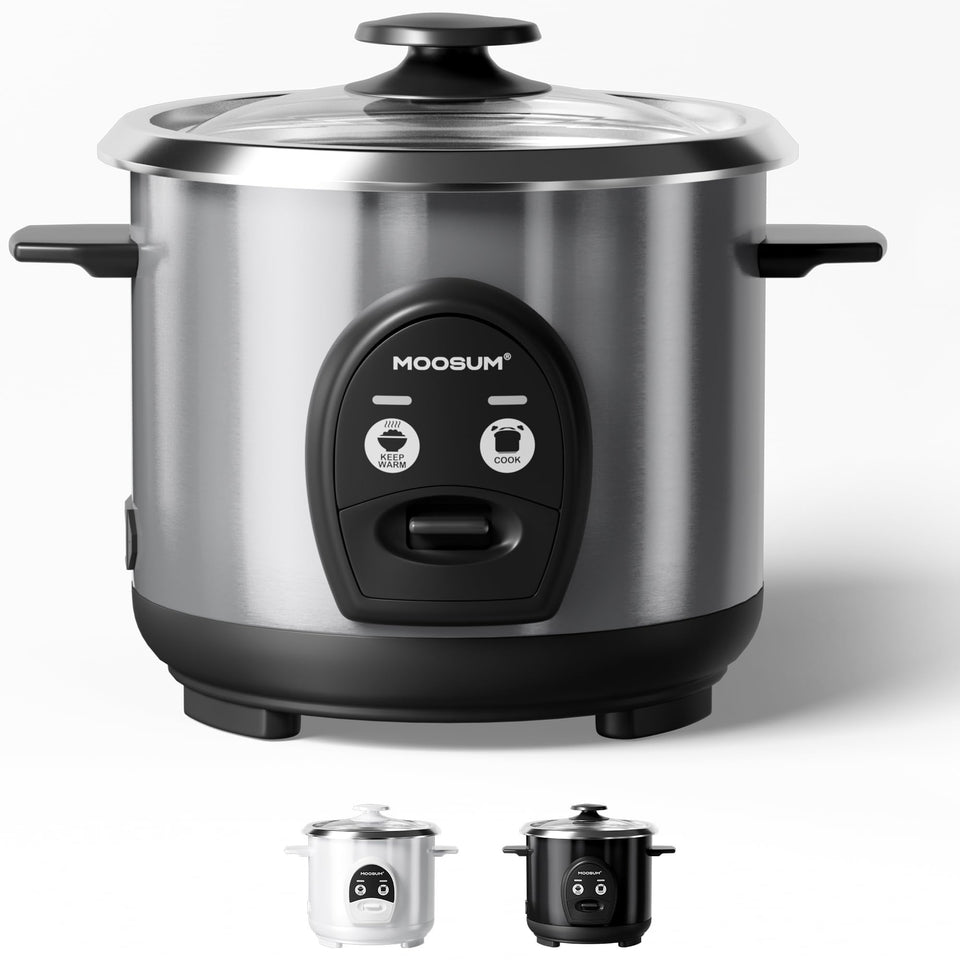 Moosum 3-Cup rice cooker in silver with even heat for fluffy rice