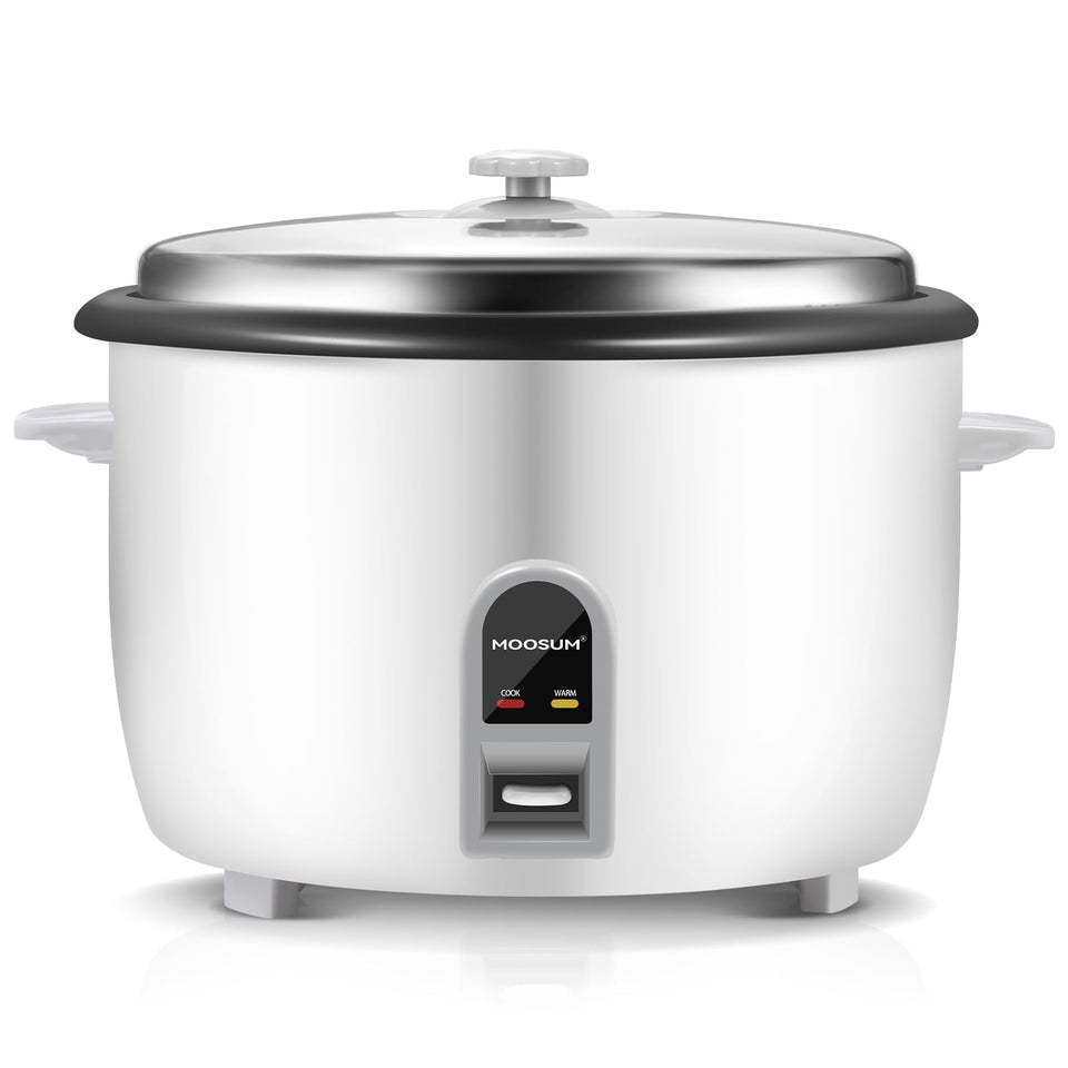 Moosum commercial rice cooker with uncooked 30-cup capacity for busy kitchens.