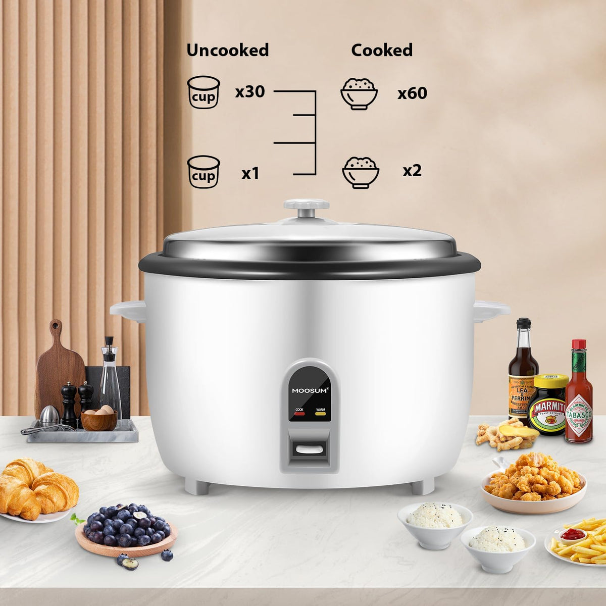 Moosum rice cooker with stainless steel detachable lid for easy cleaning.